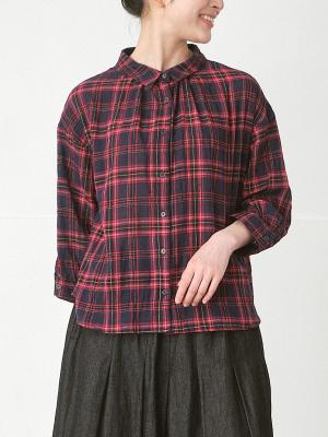 ちび襟ブラウス　コットン混ガーゼチェック