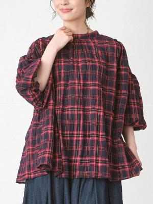 ロールカラーブラウス　コットン混ガーゼチェック