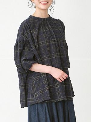 ロールカラーブラウス コットン混ガーゼチェック