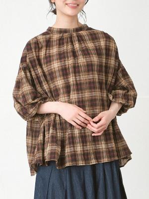 ロールカラーブラウス　コットン混ガーゼチェック
