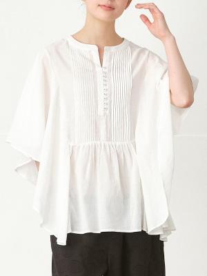 多ボタン×ピンタックバタフライ袖ブラウス　綿ボイルワッシャー