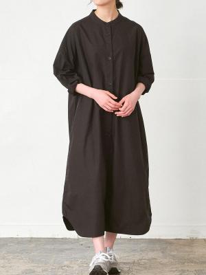 バンドカラーワンピース　綿ダンプバイオウォッシュ加工