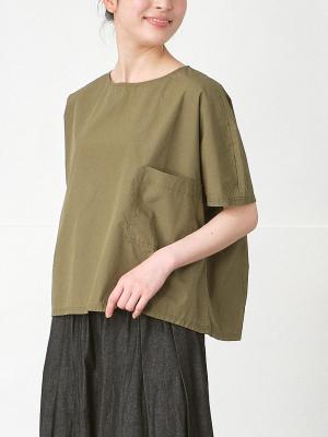 胸ポケットプルオーバーブラウス　綿ダンプバイオウォッシュ加工