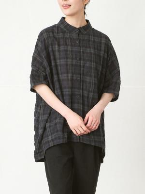 バンドカラーブラウス　コットン混シャーリング