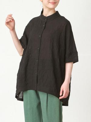 バンドカラーブラウス コットン混シャーリング