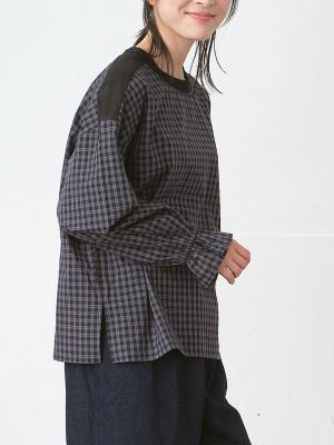 肩キリカエフリル袖ブラウス コットン×配色リネン