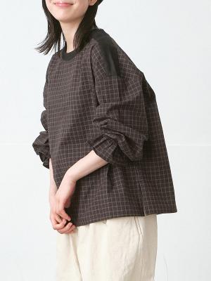 肩キリカエフリル袖ブラウス　コットン×配色リネン