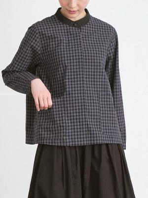バンドカラーブラウス　コットン×配色リネン