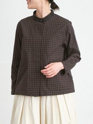 バンドカラーブラウス コットン×配色リネン