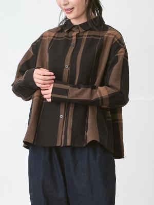 ギャザーフレアブラウス コットンリネンビッグチェック