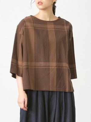配色プルオーバーブラウス コットンリネンビッグチェック
