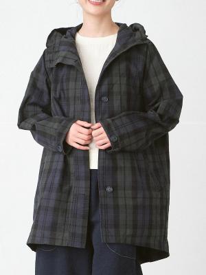 フードつきミドル丈コート コットンブラックウォッチ柄