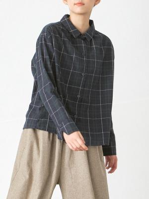 ギャザーフレアブラウス 綿ビエラチェック