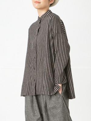 バンドカラー前後差ブラウス 綿ビエラストライプ