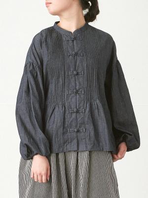 【予約】【４月上旬～】チャイナボタンブラウス　綿麻デニム
