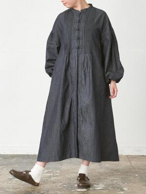 チャイナボタン比翼ワンピース　綿麻デニム