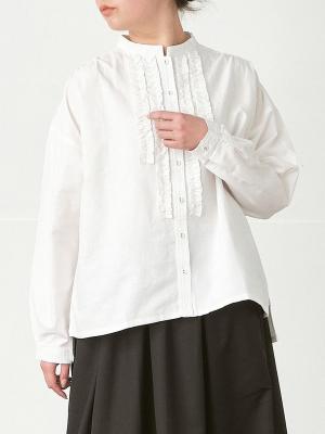 前フリルバンドカラーブラウス　綿麻オックス