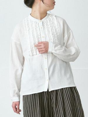 フリンジフリルバンドカラーブラウス　綿ダブルガーゼストライプ