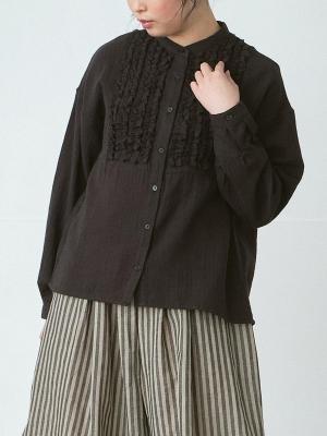 フリンジフリルバンドカラーブラウス 綿ダブルガーゼストライプ