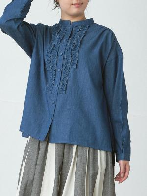 前フリルスタンドカラーブラウス　4.5オンスデニム