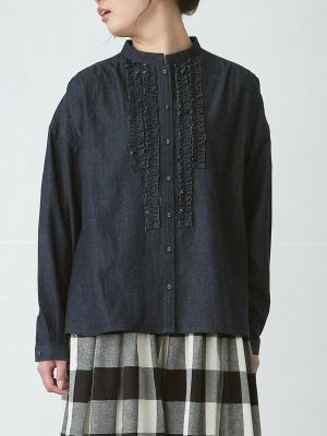 前フリルスタンドカラーブラウス　4.5オンスデニム