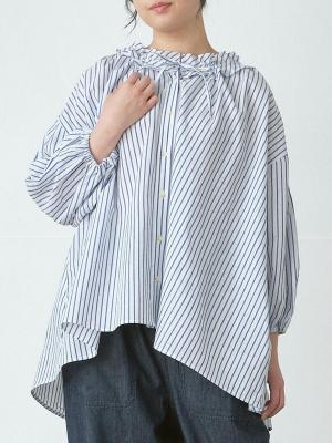 フリル襟ブラウス　リネン混ストライプ