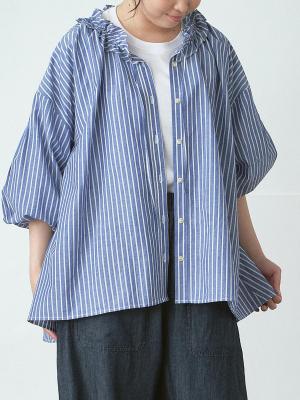 フリル襟ブラウス　リネン混ストライプ