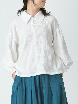 ビッグカラー多ボタンブラウス 綿ガーゼワッシャー