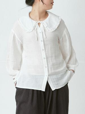 ビッグカラーリボンブラウス　綿ダブルガーゼ