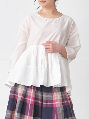 裾バルーンペプラムブラウス　コットン混キャッチワッシャー