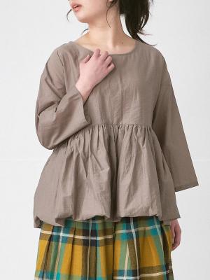 裾バルーンペプラムブラウス　コットン混キャッチワッシャー
