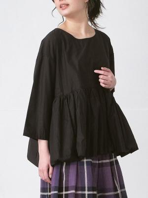 裾バルーンペプラムブラウス　コットン混キャッチワッシャー