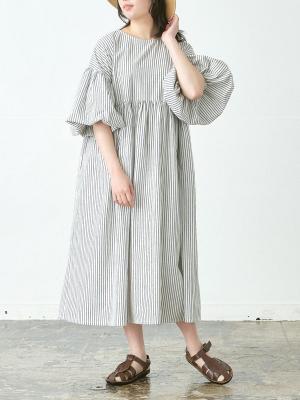 ボリューム袖フレアワンピース　綿ペンシルストライプ