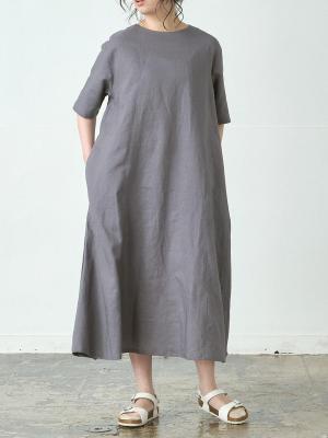 Aラインワンピース　リネンコットン　【着丈選べる】