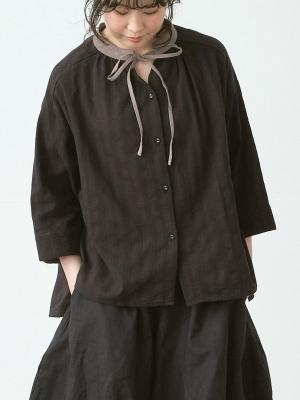 配色襟リボンブラウス　綿ドビー