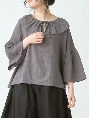 ビッグカラーフレアブラウス　綿ボイルシャドーチェック