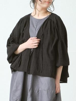 胸元リボンカーディガンブラウス　　綿ボイルシャドーチェック