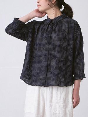 ちび襟ブラウス　コットン混コードチェック