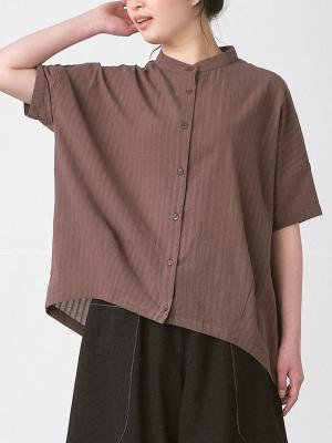 スタンドカラーブラウス　綿ボイルシャドウストライプ