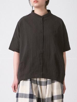 スタンドカラーブラウス　綿ボイルシャドウストライプ