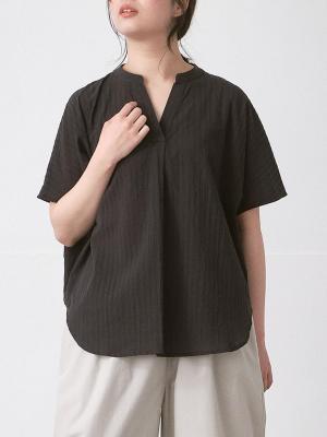 キーネックプルオーバーブラウス　綿ボイルシャドウストライプ