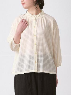 フリル襟ブラウス　コットンガーゼシャドウチェック