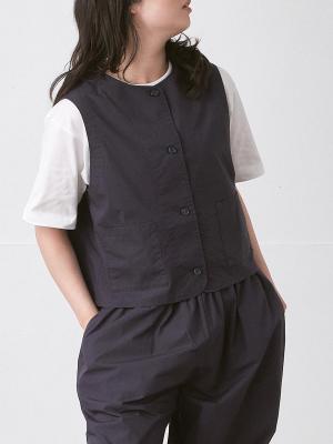 ノーカラーベスト　綿ダンプバイオウォッシュ加工