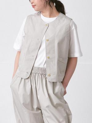 ノーカラーベスト　綿ダンプバイオウォッシュ加工