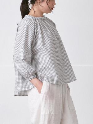 スモックブラウス　コットン混リップルギンガムチェック
