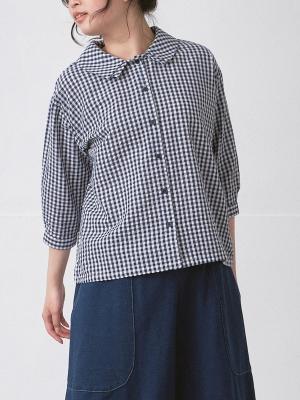 ダブルカラーブラウス　コットン混リップルギンガムチェック