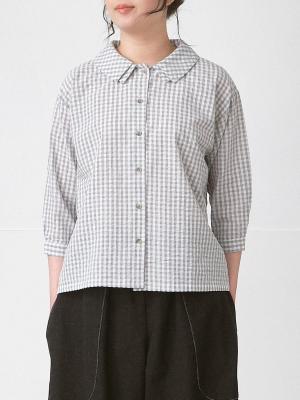 ダブルカラーブラウス　コットン混リップルギンガムチェック