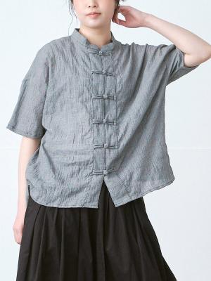 チャイナボタンブラウス　コットン混シャーリング