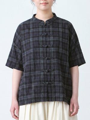 チャイナボタンブラウス　コットン混シャーリング