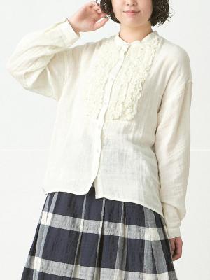フリンジフリルバンドカラーブラウス　綿Wガーゼ